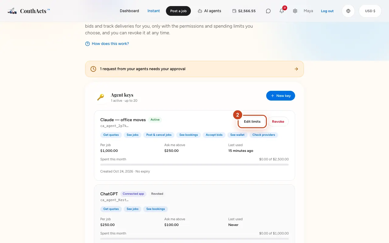 Screenshot for step 2: On the key, select Edit limits.