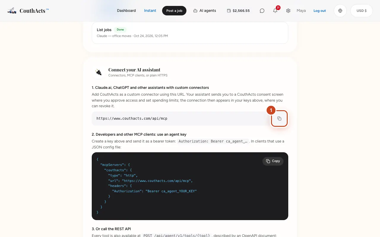 Screenshot for step 1: Open AI agents settings and select Copy MCP server URL.