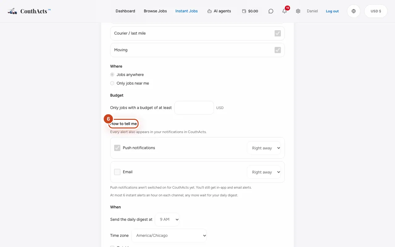 Screenshot for step 6: Under How to tell me, choose Push notifications, Email or both, each Right away or Daily digest.