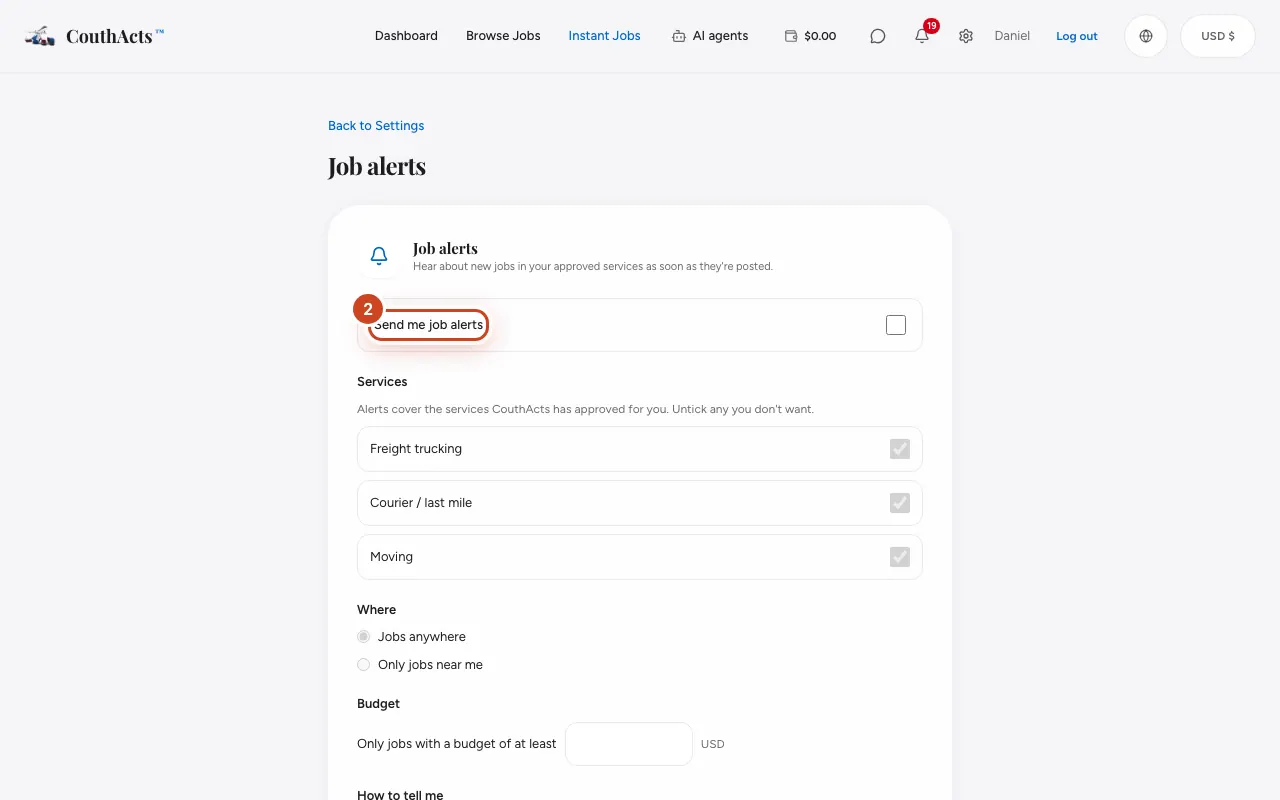 Screenshot for step 2: Tick Send me job alerts.