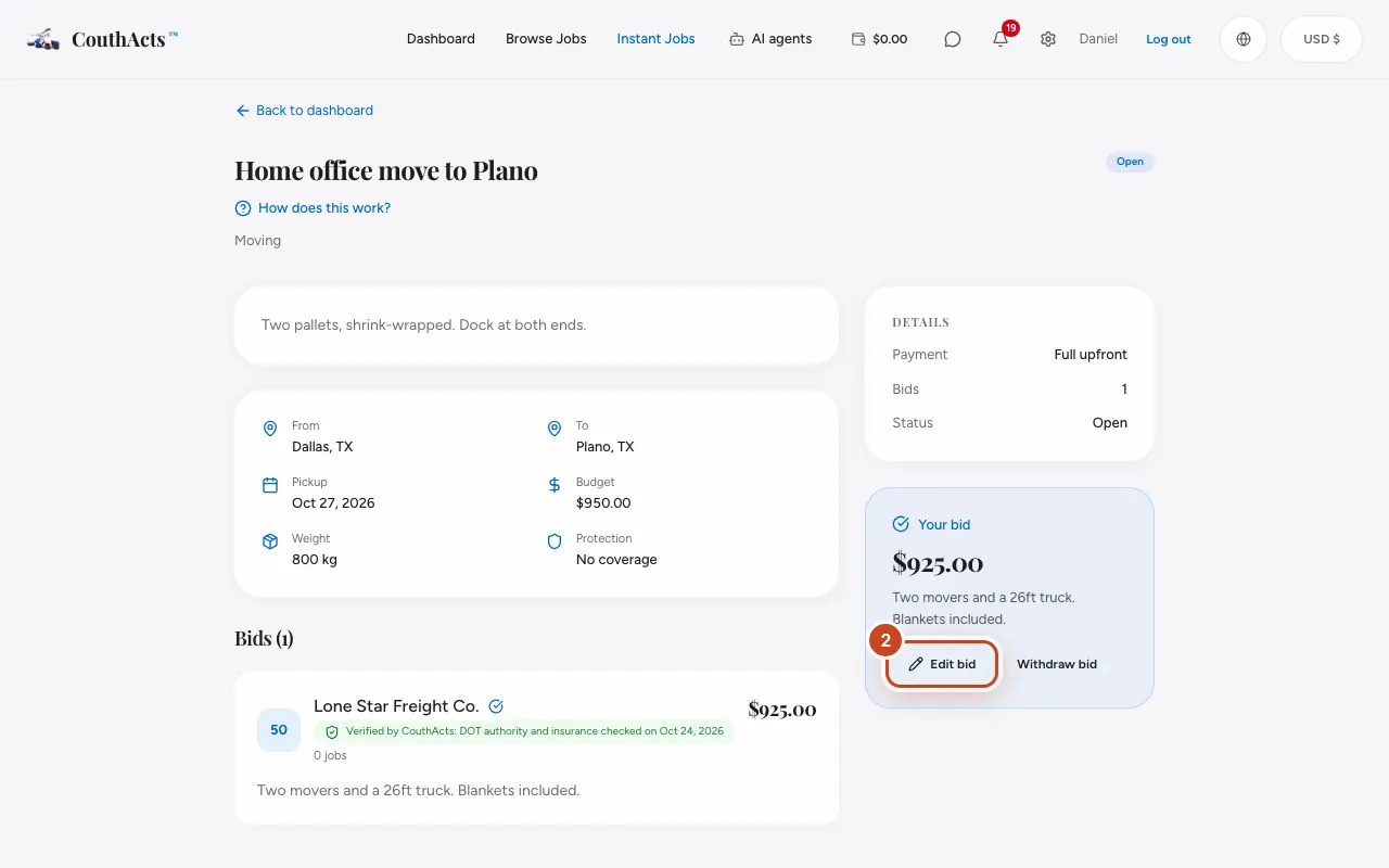 Screenshot for step 2: To change it, select Edit bid, update the price or message and select Save changes.