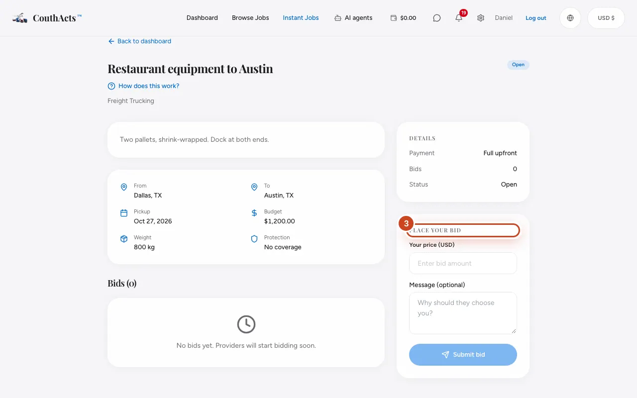 Screenshot for step 3: Under Place your bid, type Your price (USD).