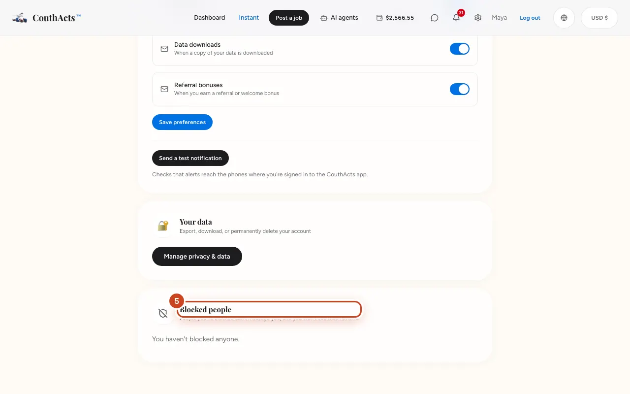 Screenshot for step 5: To undo a block, open Settings, go to Blocked people and select Unblock.