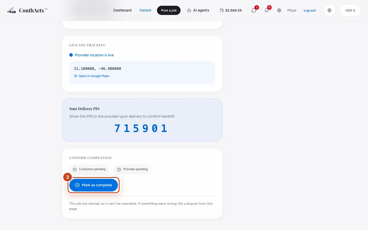 Screenshot for step 3: Open the booking and select Mark as complete.