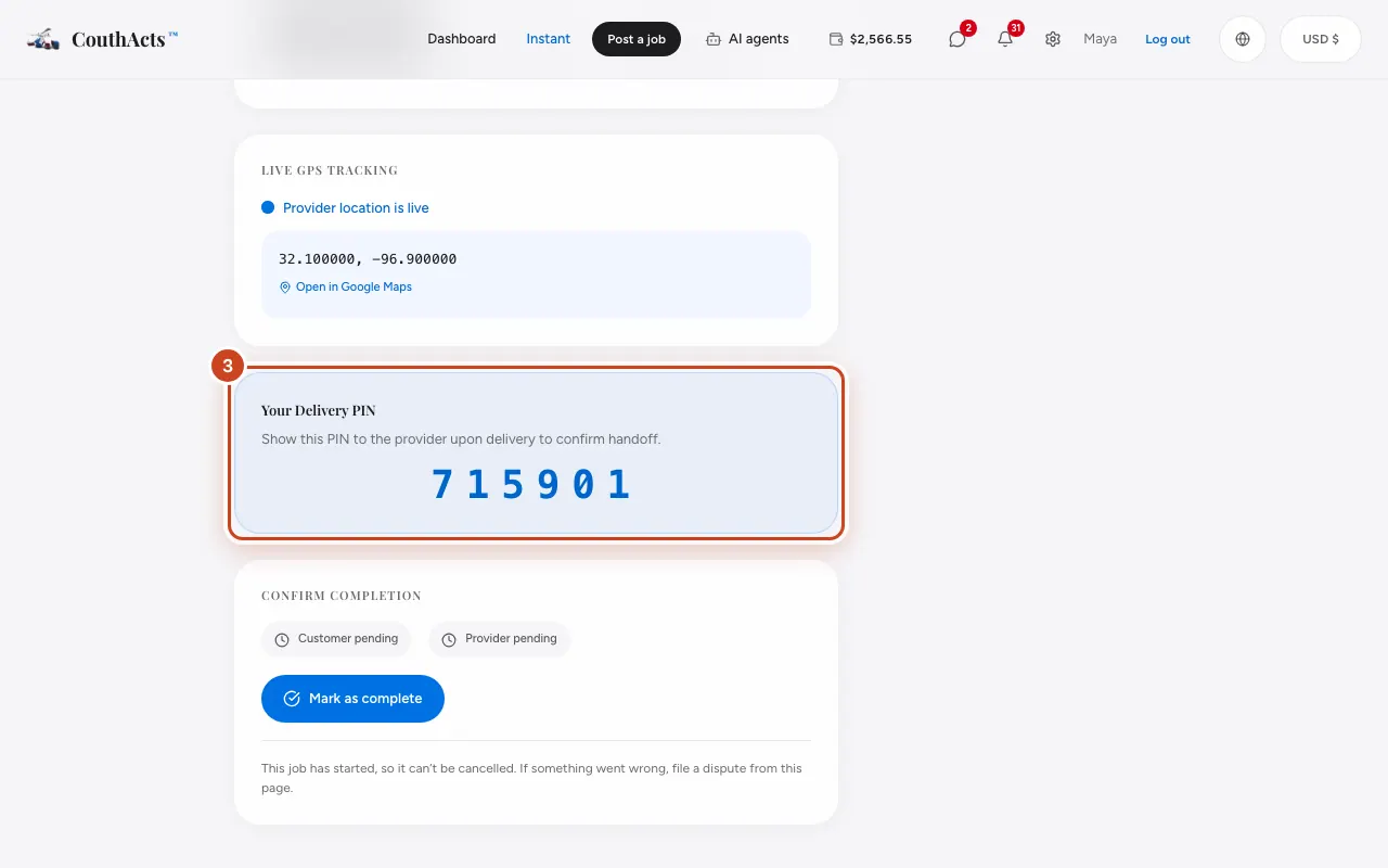 Screenshot for step 3: Customers: find Your Delivery PIN. Show it to the provider only at delivery.