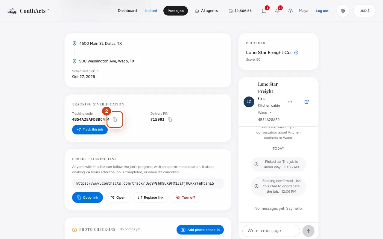 Screenshot for step 2: At the top, find the Tracking code. Select Copy tracking code to copy it, for example when you contact support.