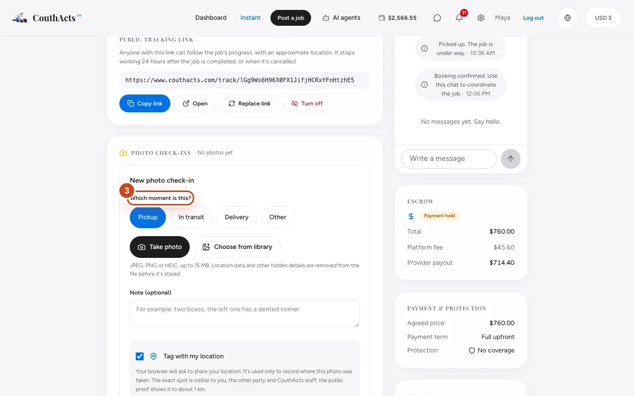Screenshot for step 3: Choose the moment: Pickup, In transit, Delivery or Other.