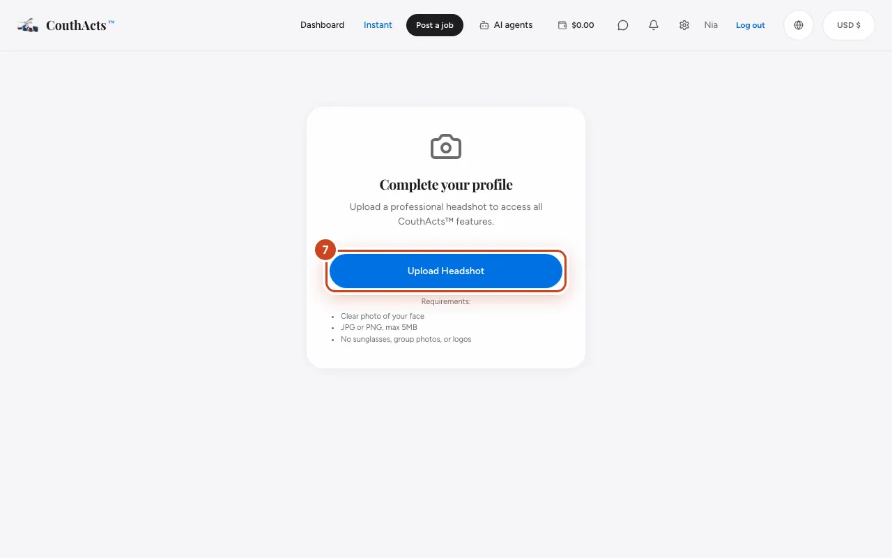 Screenshot for step 7: On Complete your profile, select Upload Headshot and choose a clear photo of your face.