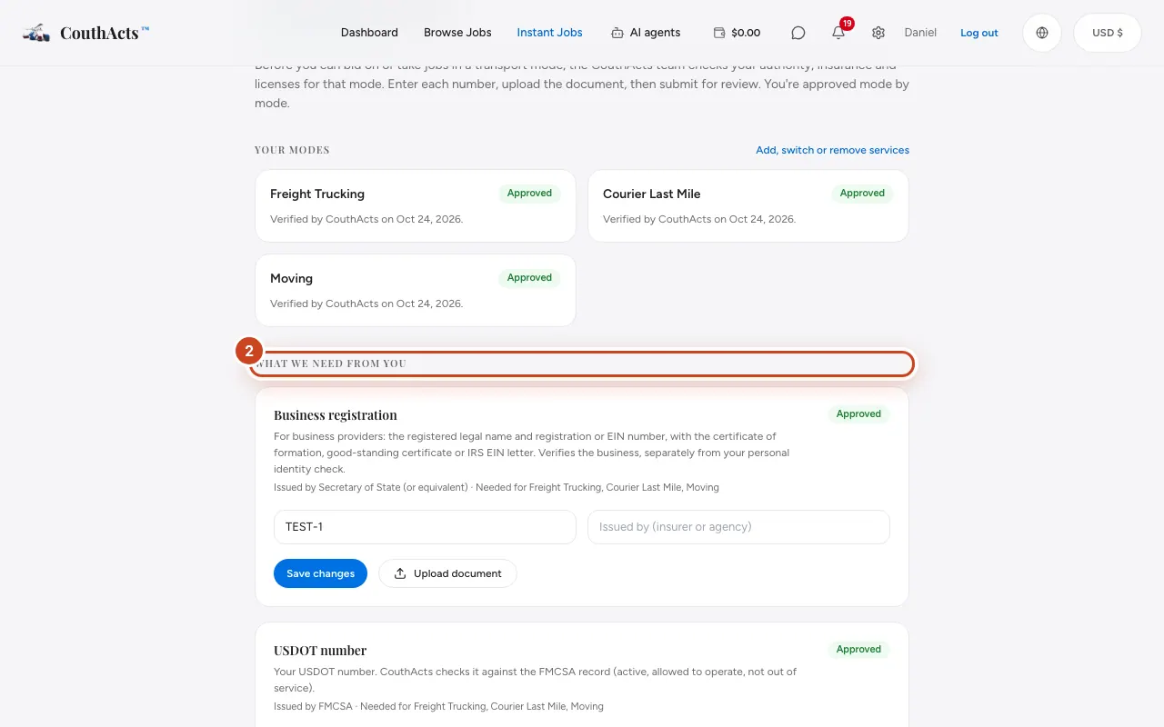 Screenshot for step 2: Under What we need from you, fill in each item's number, issuer, coverage and expiry date, and select Save.