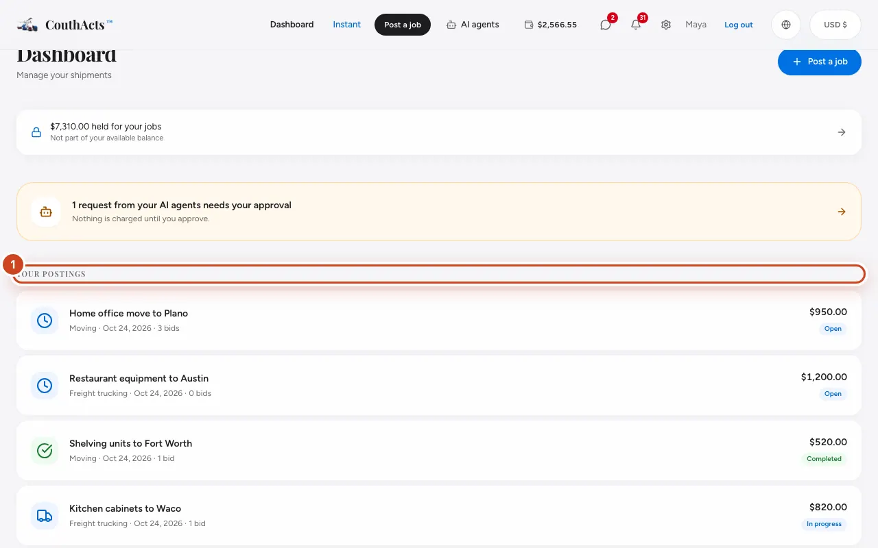 Screenshot for step 1: Open your dashboard. Under Your Postings, select the job.