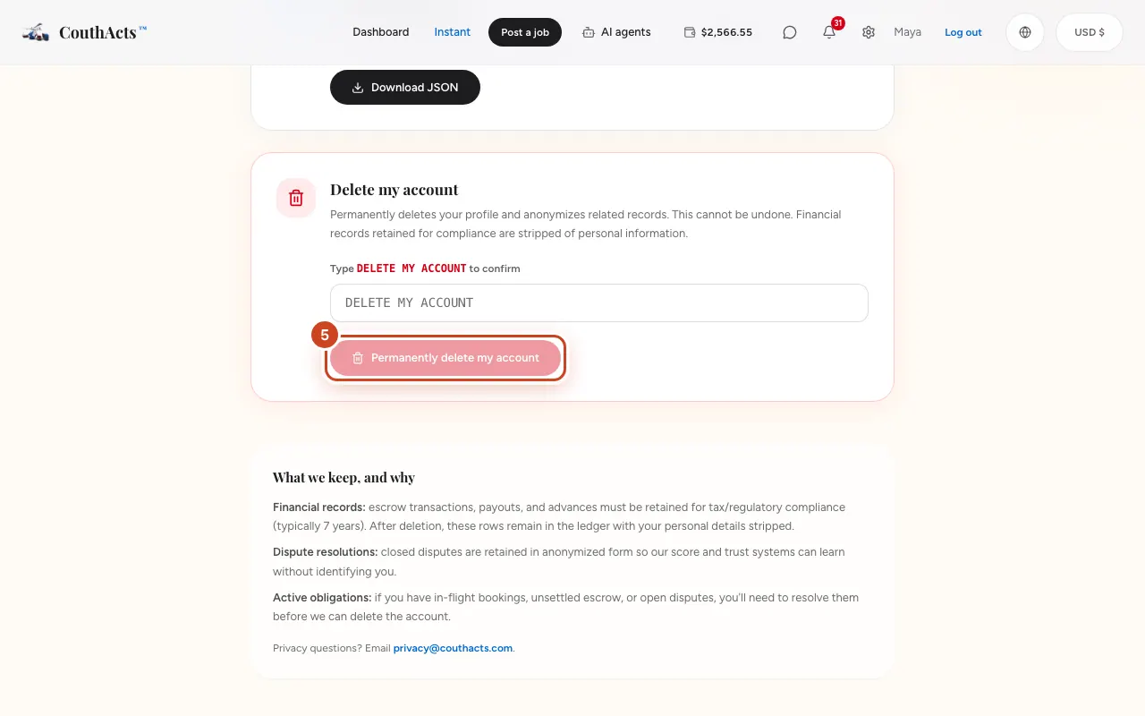 Screenshot for step 5: Select Permanently delete my account.