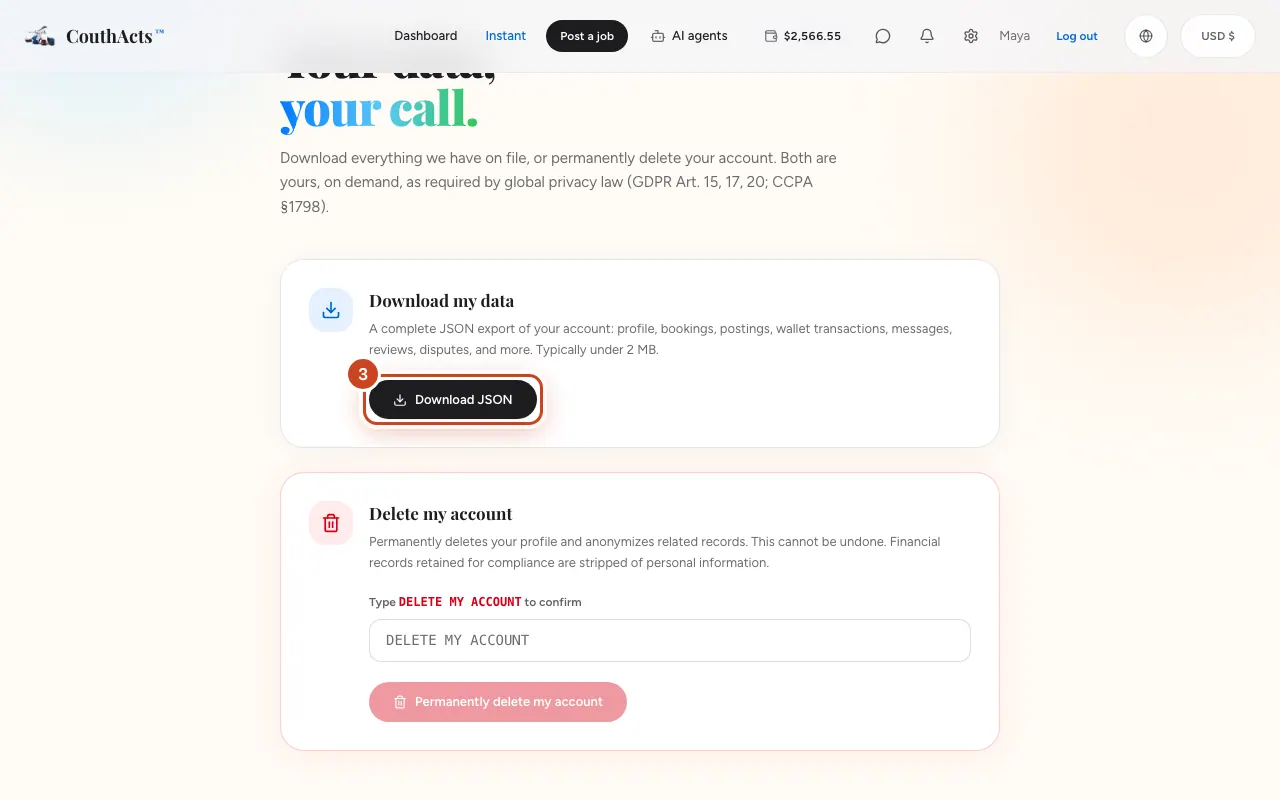 Screenshot for step 3: Under Download my data, select Download JSON.