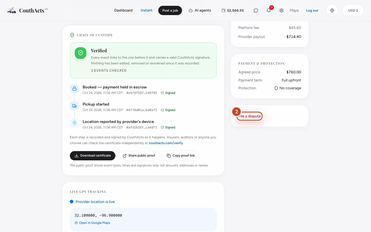 Screenshot zu Schritt 2: Wählen Sie Streitfall melden (während des 24-stündigen Einbehalts heißt es Problem melden).