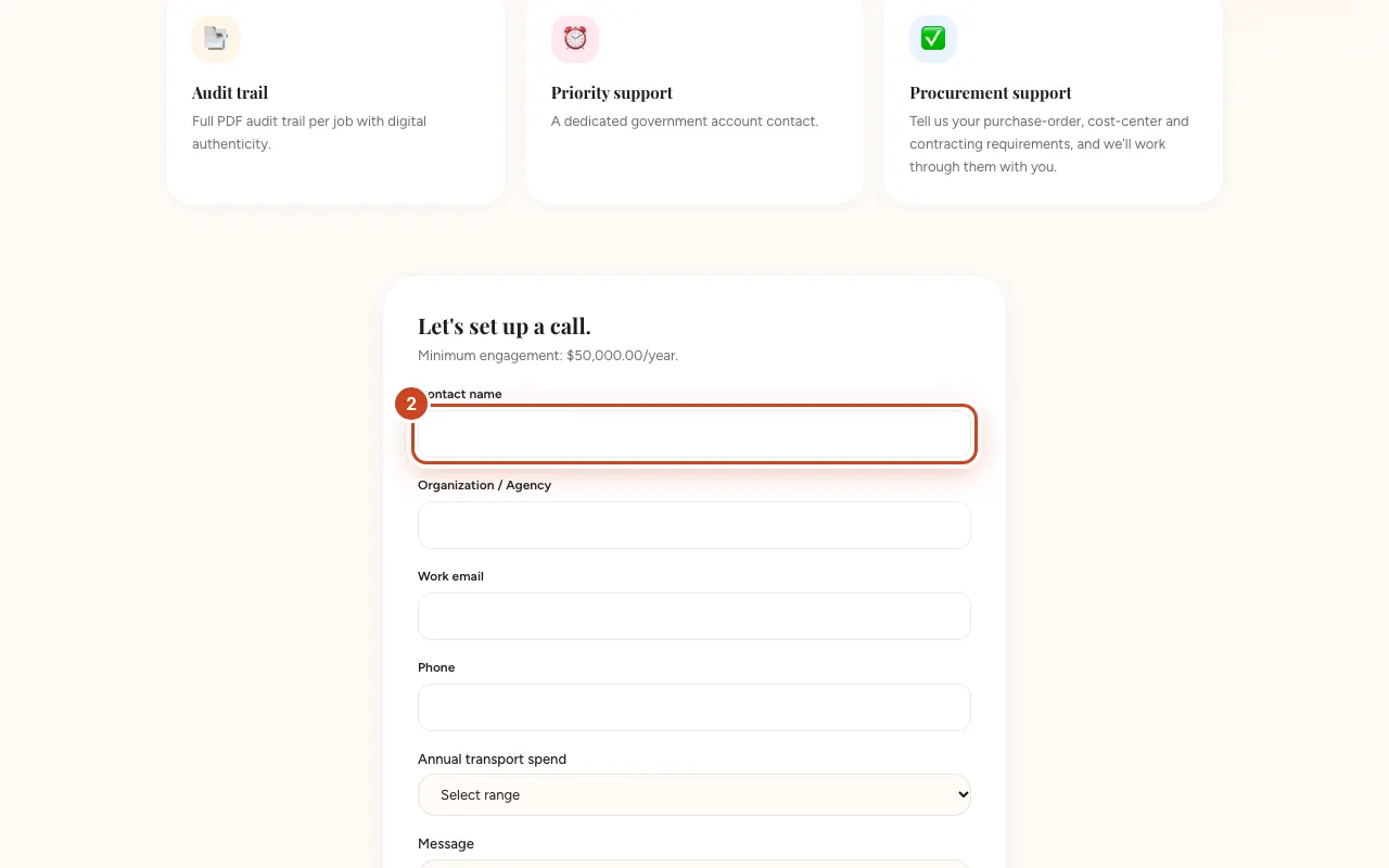 Screenshot for step 2: Fill in Contact name, Organization / Agency and Work email.