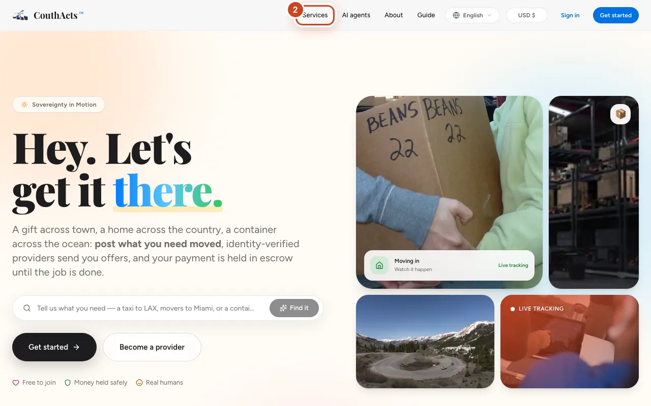 Screenshot for step 2: Select Services to see the 18 ways to move things, from a taxi ride to a cargo ship.