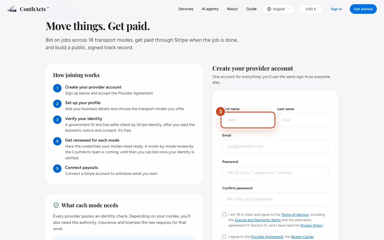 Screenshot for step 3: In Create your provider account, type your name, email and a password.