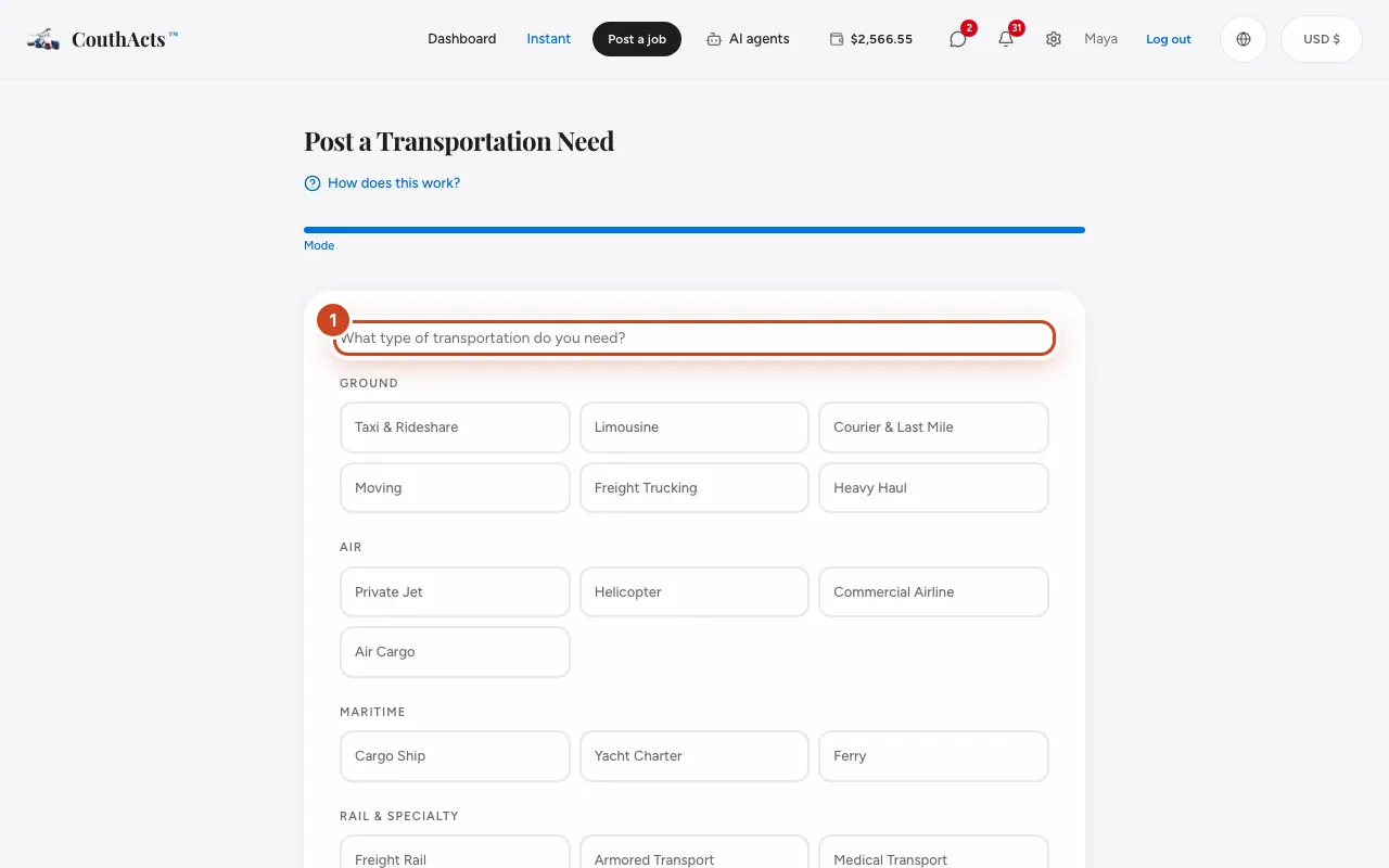 Screenshot for step 1: On Post a job, look at the four groups: Ground, Air, Maritime and Rail & Specialty.