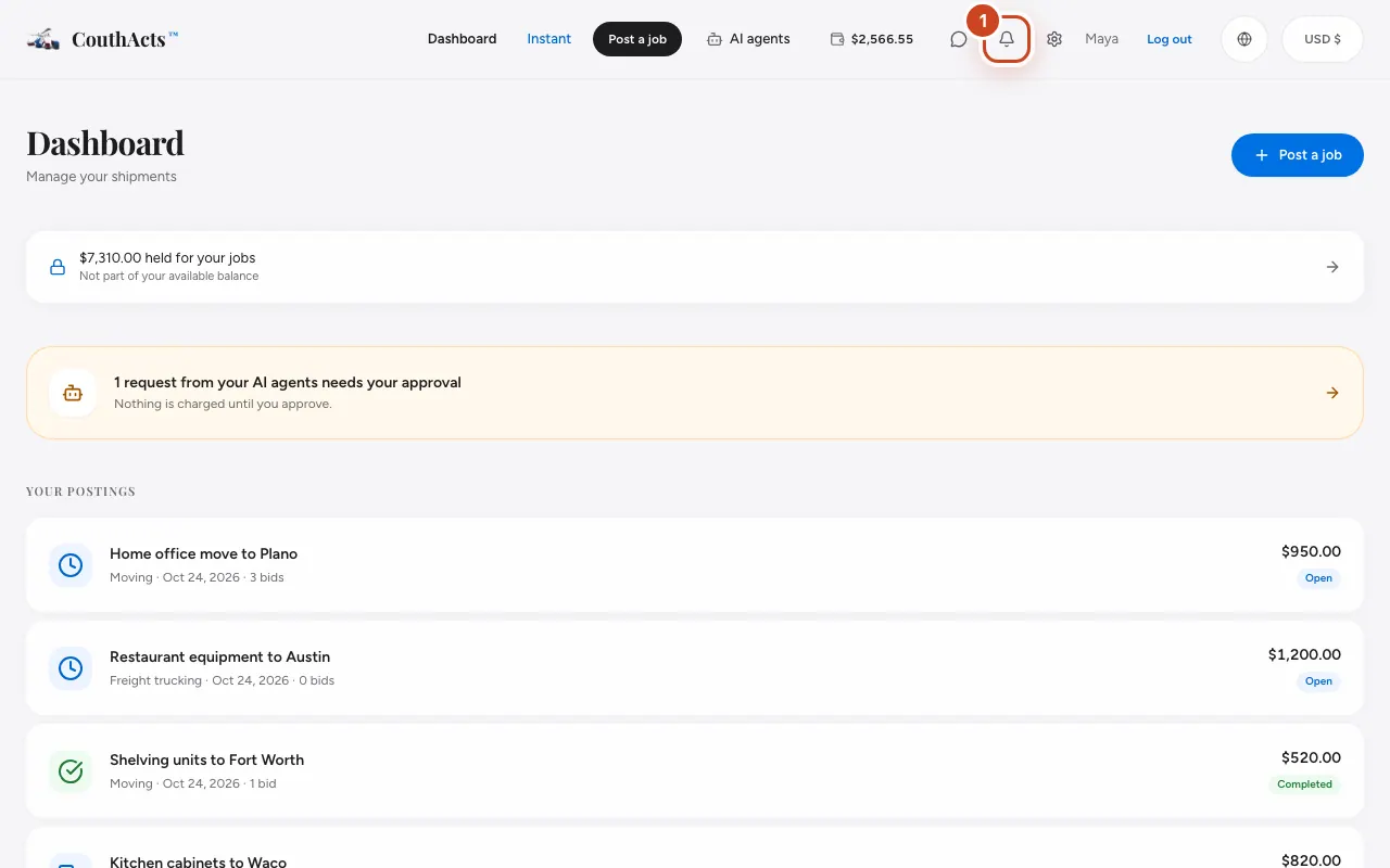 لقطة شاشة للخطوة 1: اختر الجرس أعلى الصفحة لترى إشعاراتك. اختر تعليم الكل كمقروء لمسحها.