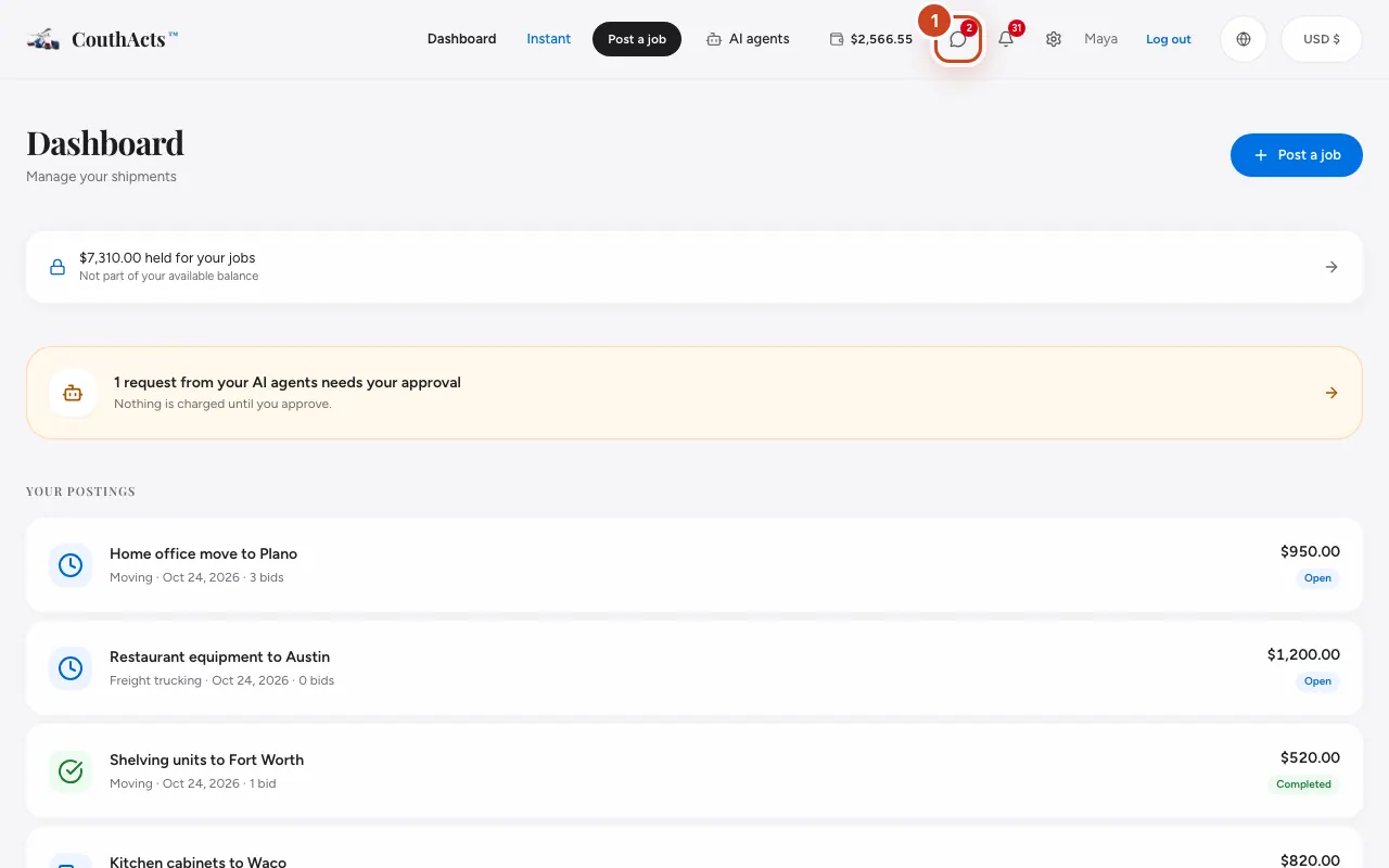Screenshot for step 1: Select Messages at the top of the page to see all your conversations.