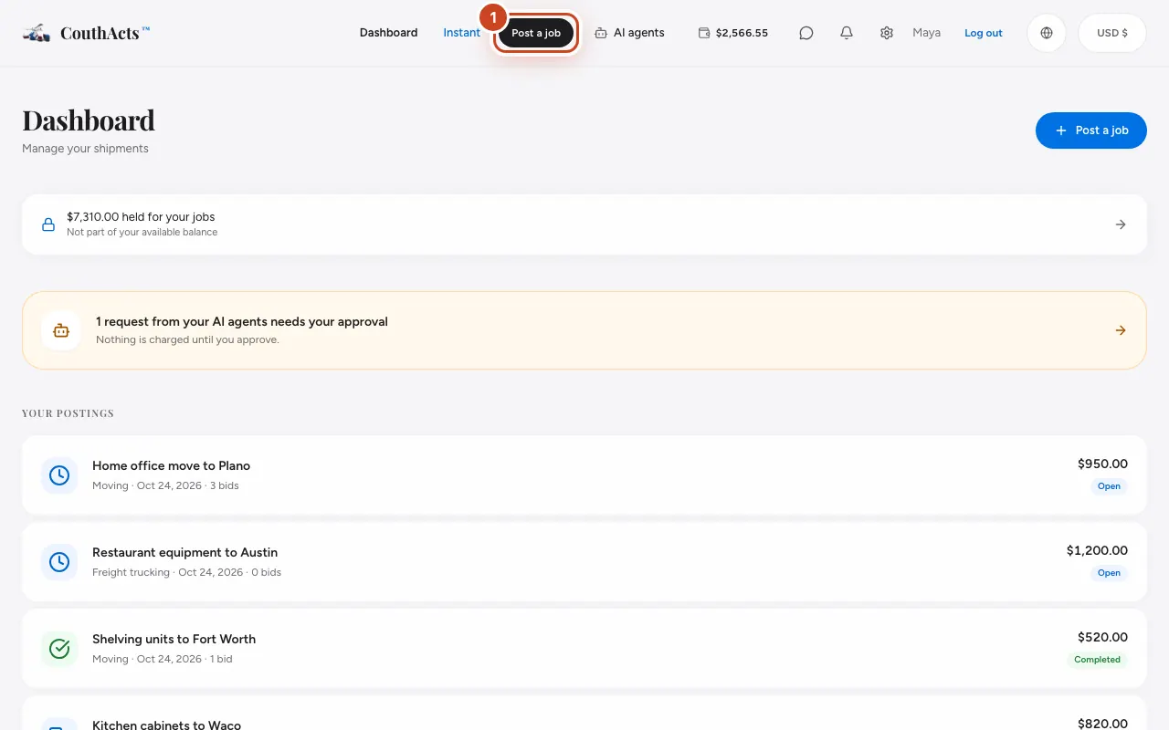 Screenshot for step 1: Select Post a job at the top of the page.