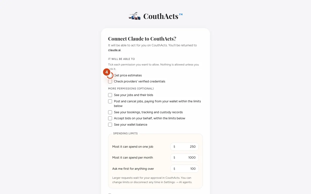Screenshot for step 4: On the Connect … to CouthActs? screen, tick each permission you want to allow.