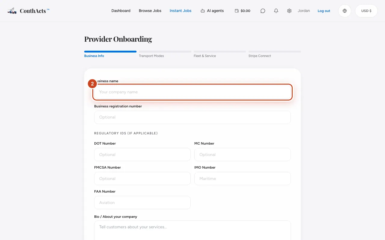 Screenshot for step 2: On Business Info, type your Business name, regulatory numbers and a short bio. Select Next.