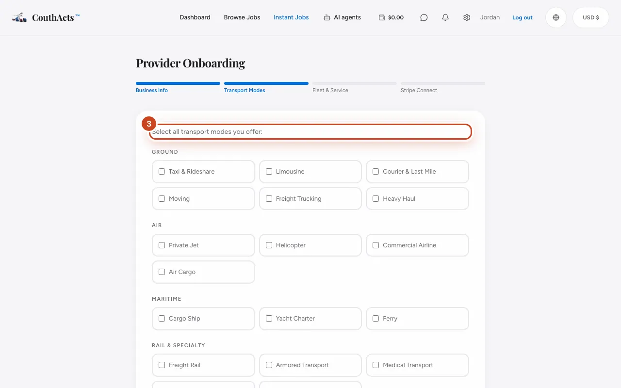 Screenshot for step 3: On Transport Modes, select every mode you offer. Select Next.