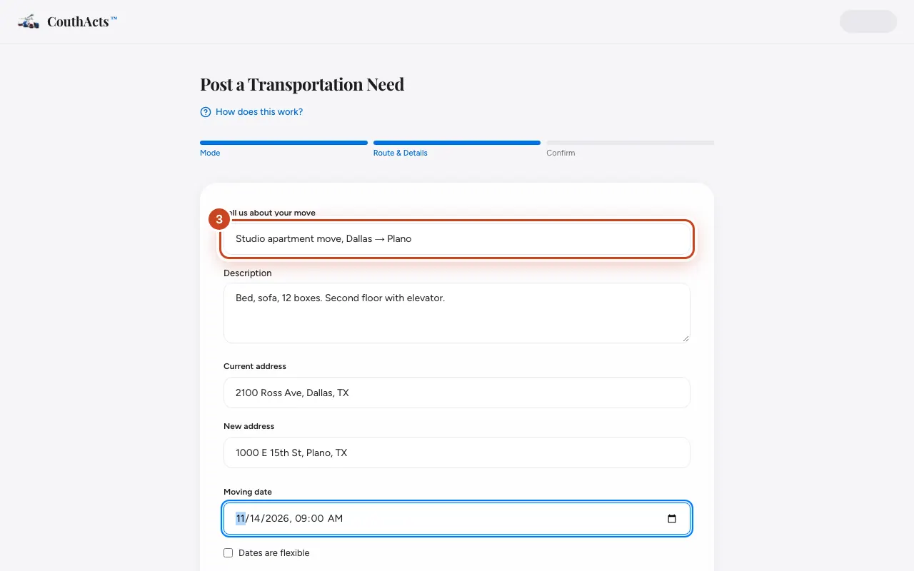 Screenshot for step 3: Give the job a short title and describe what's being moved.