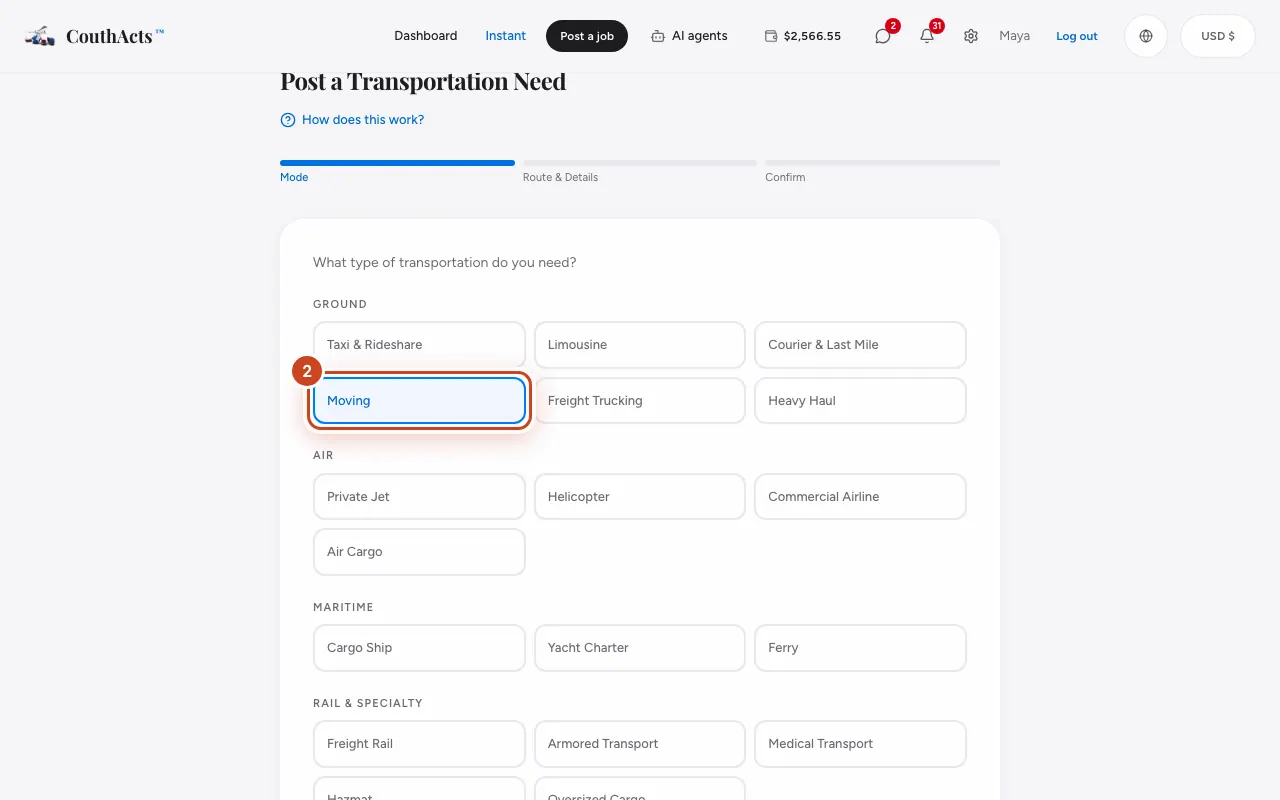 Screenshot for step 2: Choose the kind of transport you need, then select Next.