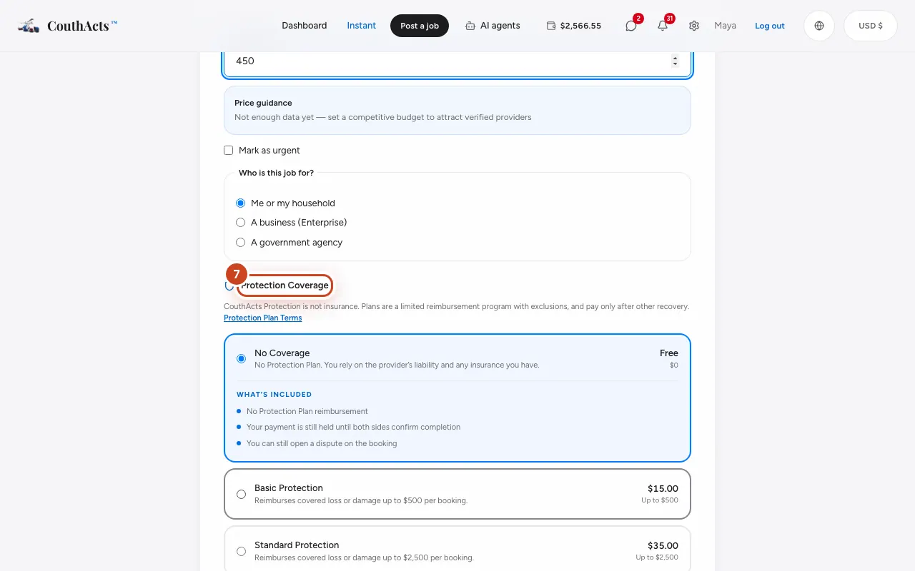 Screenshot for step 7: Choose a Protection Plan, or leave No Coverage.