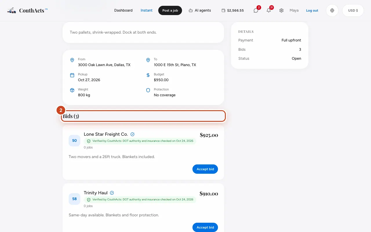 Screenshot for step 2: Scroll to Bids to see every offer.