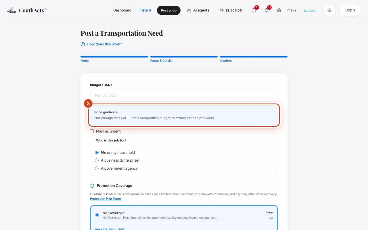 Screenshot for step 3: On the budget step, read the Price guidance box.