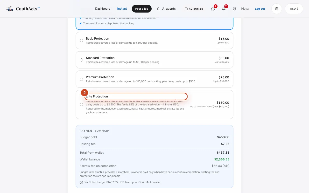 Screenshot for step 2: Compare the plans: Basic Protection (up to $500), Standard Protection (up to $2,500), Premium Protection (up to $10,000) and Elite Protection (up to $50,000).