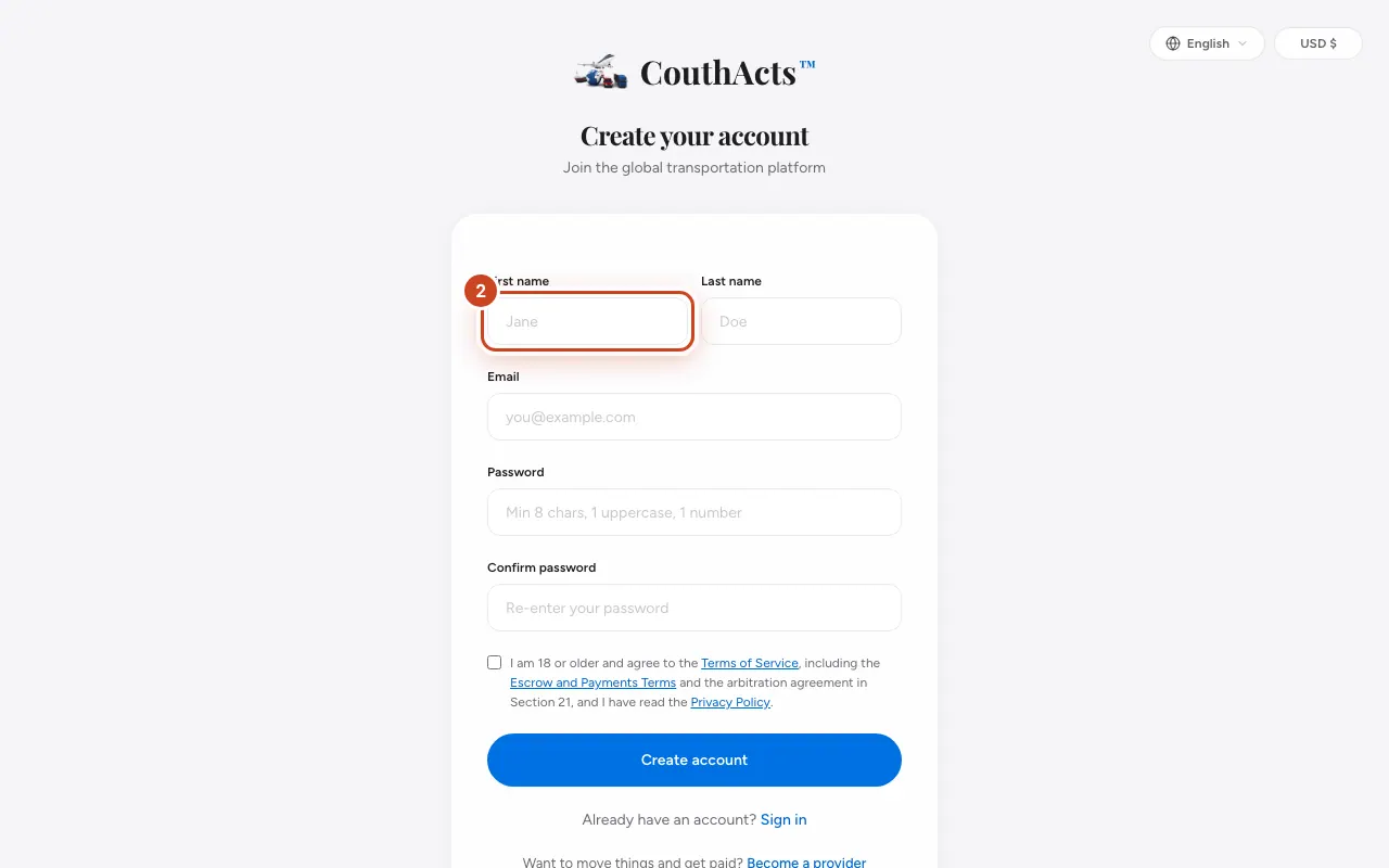 Screenshot for step 2: Type your First name and Last name exactly as they appear on your ID.