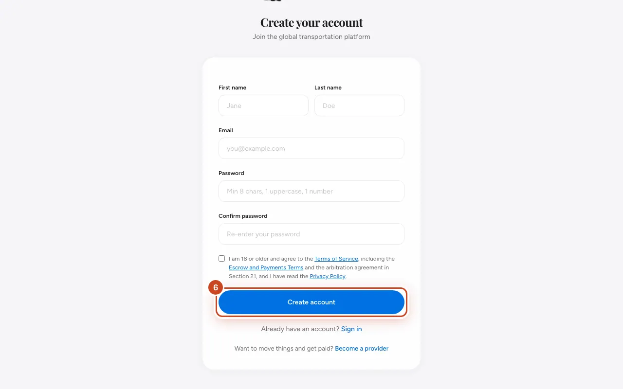 Screenshot for step 6: Select Create account.