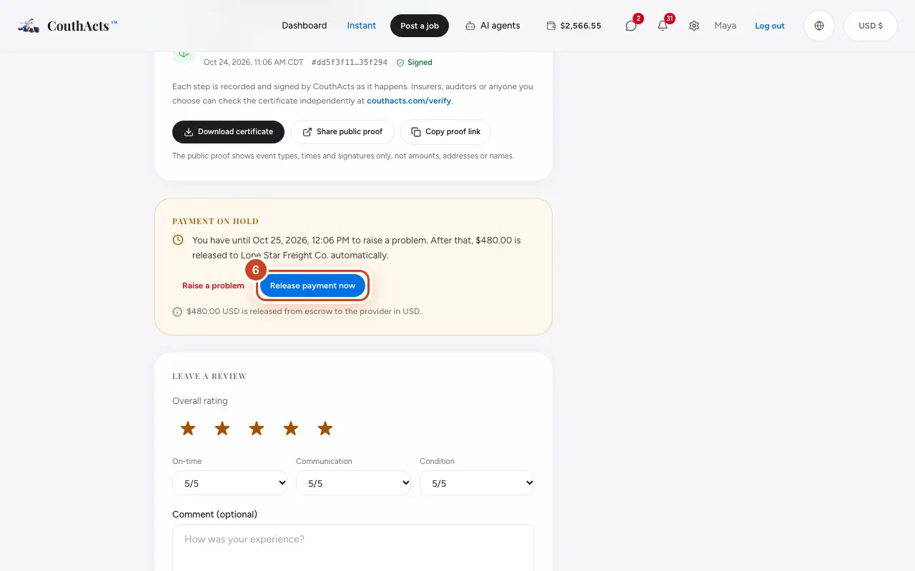 Screenshot for step 6: If everything is fine and you want to pay sooner, select Release payment now.