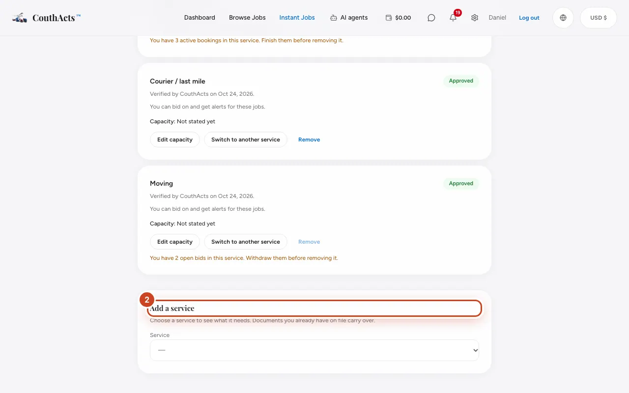 Screenshot for step 2: To add one, go to Add a service, choose a Service and read What CouthActs needs.