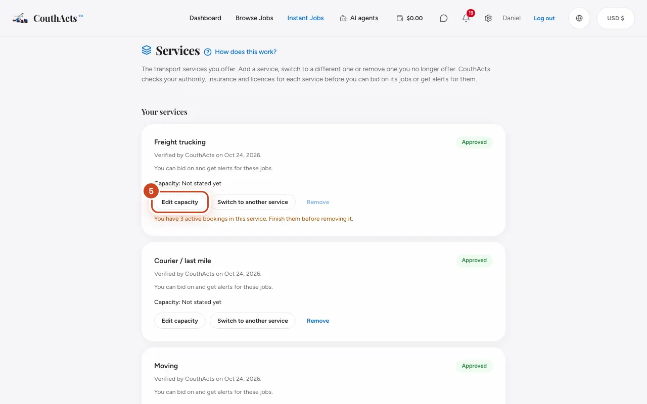 Screenshot for step 5: To state your capacity, select Edit capacity, fill in vehicles, seats, payload or pallets and select Save.