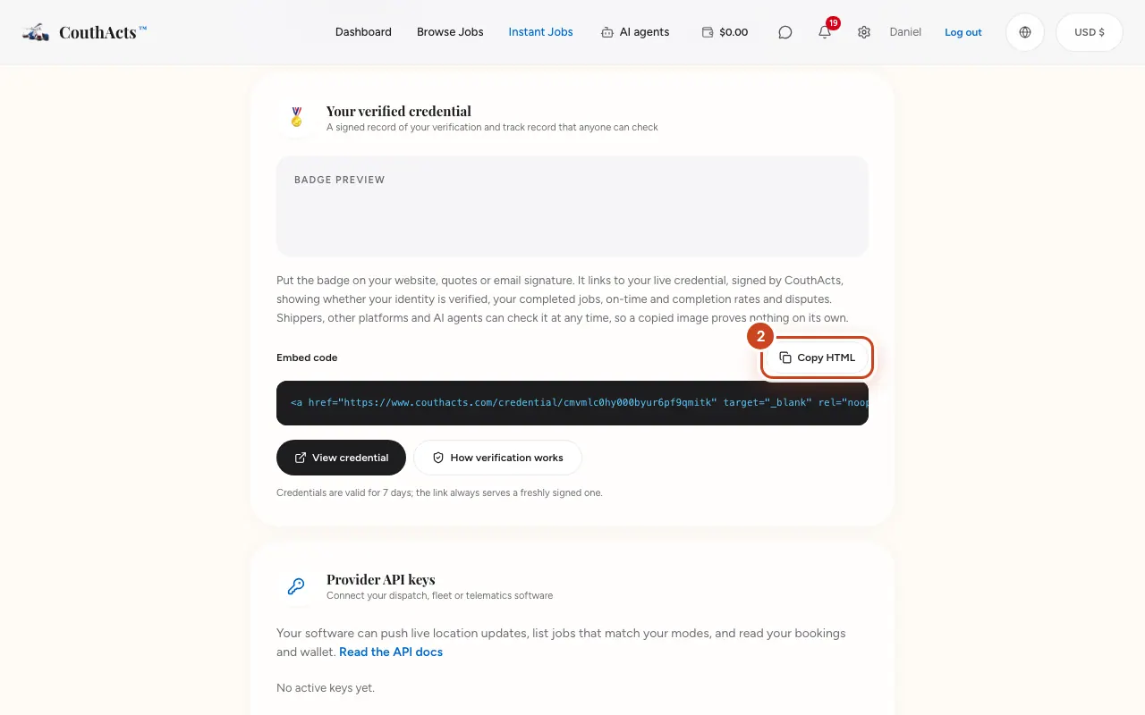 Screenshot for step 2: Select Copy HTML to copy the badge's embed code.
