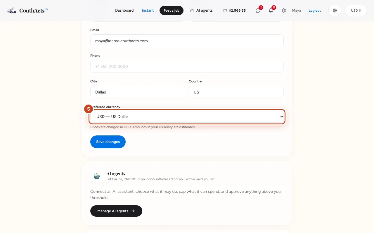 Screenshot for step 5: To save your currency on your account, open Settings, choose it under Preferred currency and select Save changes.