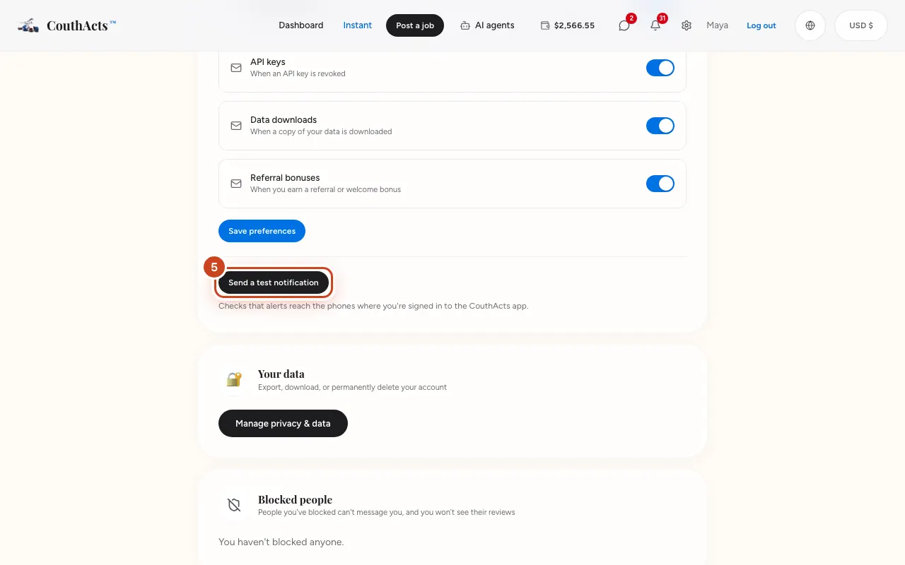 لقطة شاشة للخطوة 5: لتتأكد أن هاتفك يستقبل الإشعارات الفورية، اختر إرسال إشعار تجريبي.