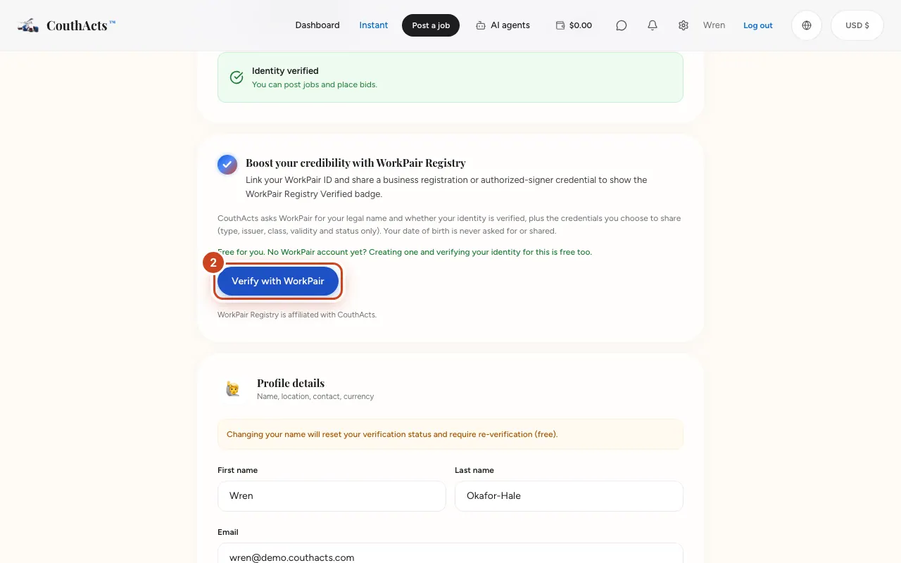 لقطة شاشة للخطوة 2: اقرأ ما ستطلبه CouthActs من WorkPair، ثم اختر التوثيق عبر WorkPair.