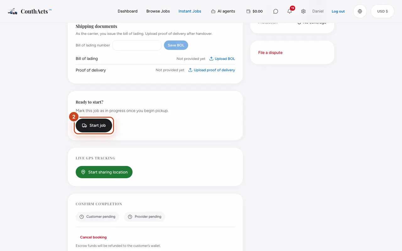 Screenshot for step 2: At pickup, under Ready to start?, select Start job.