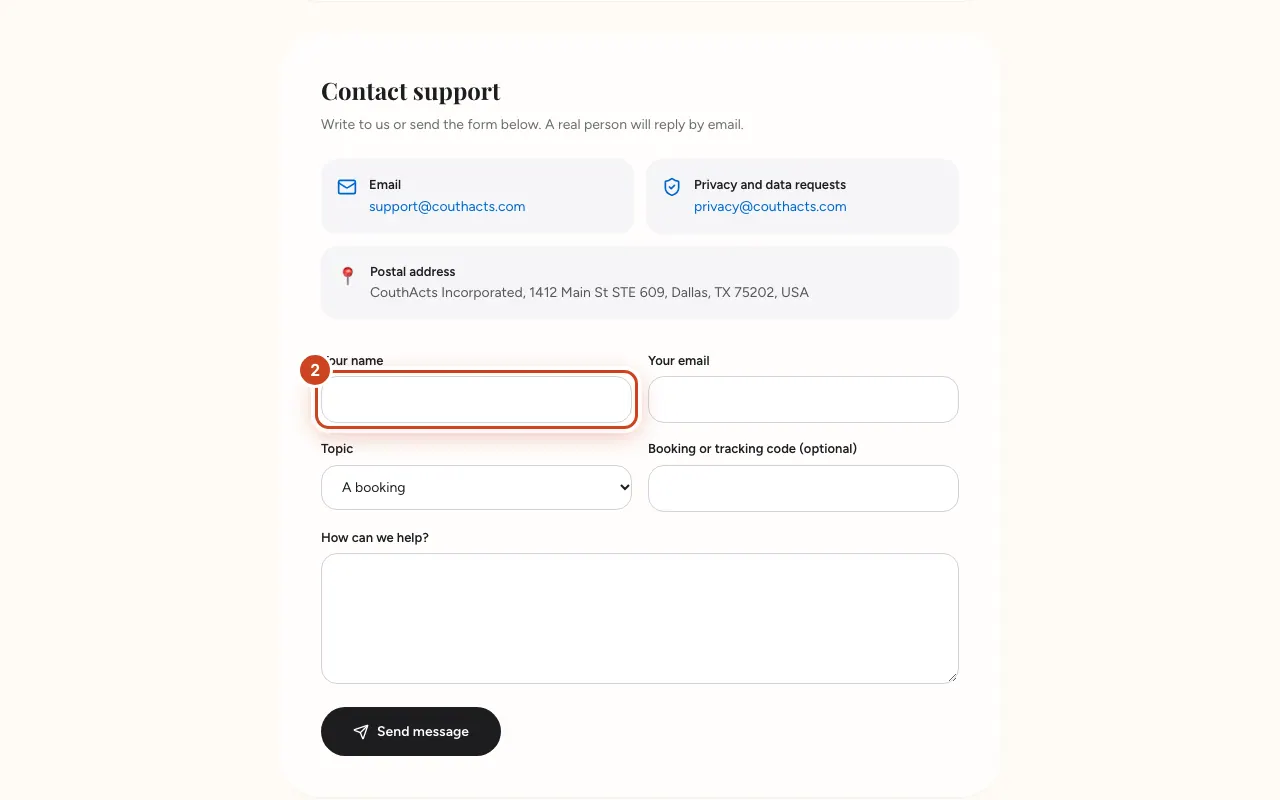 Screenshot for step 2: Under Contact support, type Your name and Your email.