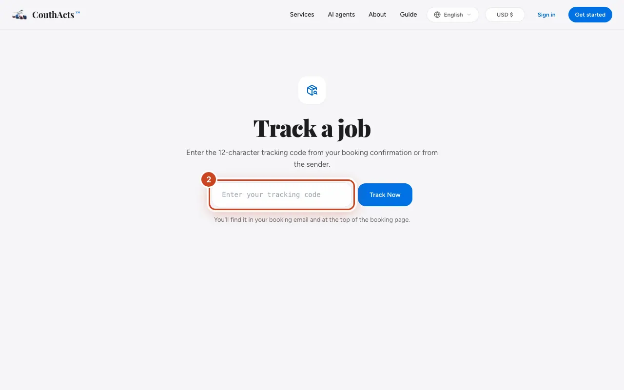 Screenshot for step 2: Or, for your own job: sign in, go to Track a job and type the 12-character tracking code.