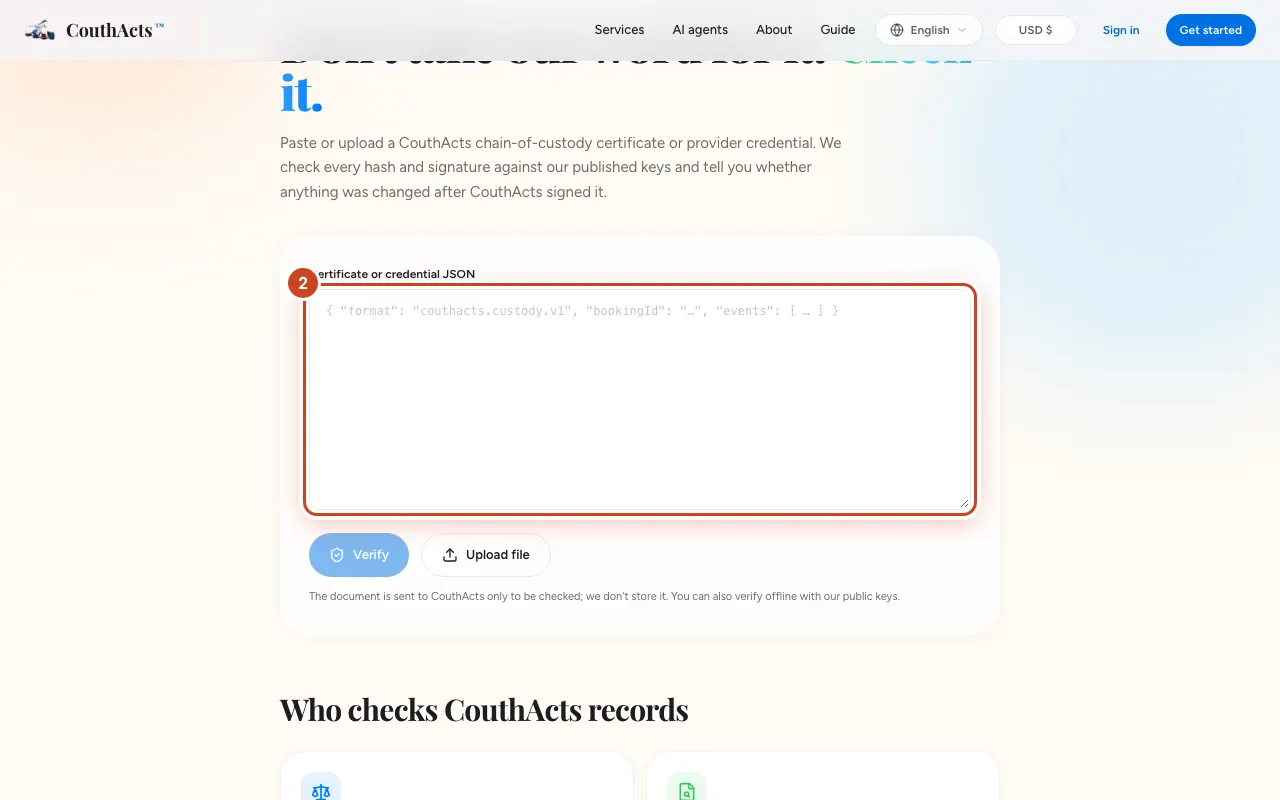 Screenshot for step 2: Paste the document into Certificate or credential JSON, or select Upload file.