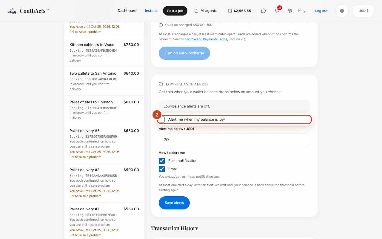 Screenshot for step 2: Tick Alert me when my balance is low.