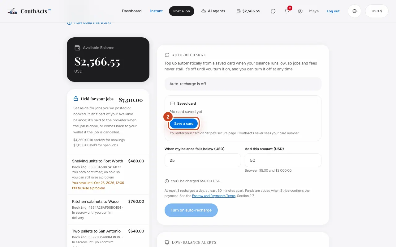 Screenshot for step 2: Under Saved card, select Save a card and enter your card on Stripe's page.