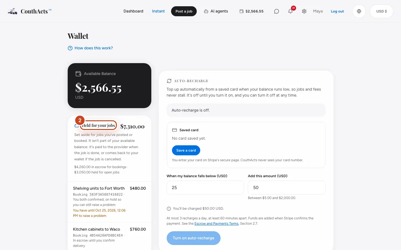 Screenshot for step 2: Customers: read Held for your jobs. It splits into money in escrow for bookings and budgets held for open jobs.