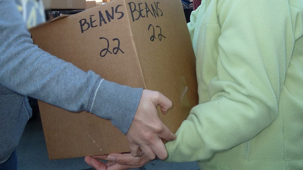 Two people passing a cardboard box from hand to hand